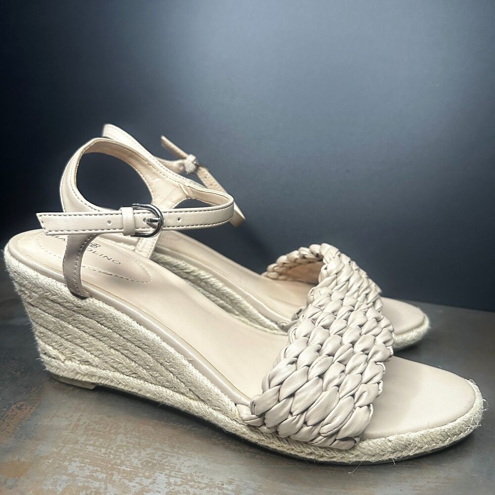 Bandolino Wedge Espadrille Sandal 11 Ankle Strap Summer Resort Nude Cream Jingle